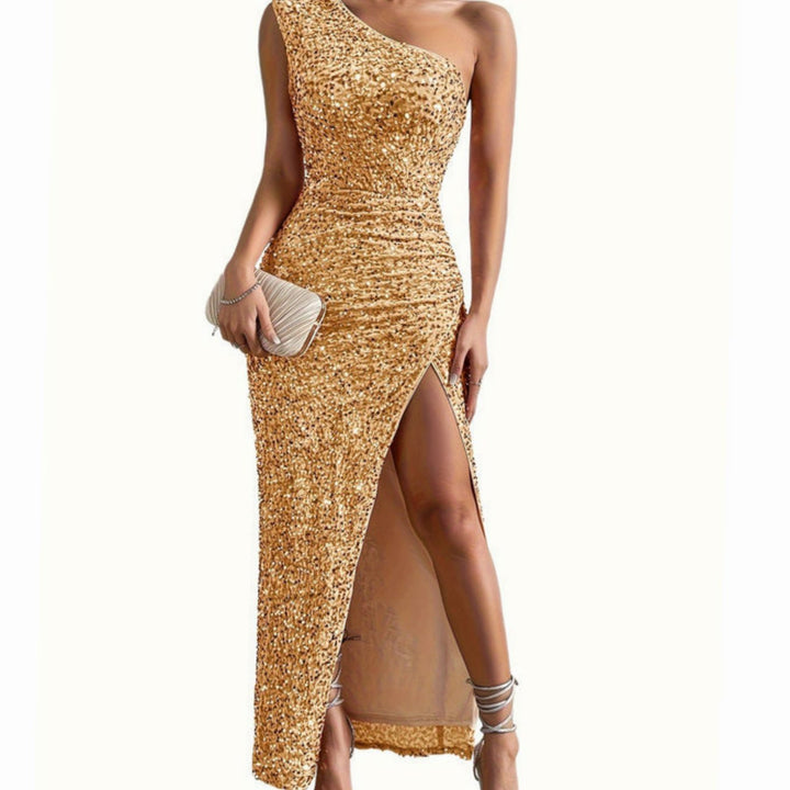 Glinsterende Pailletten Feestjurk Dames One-Shoulder Maxi Split - Geel