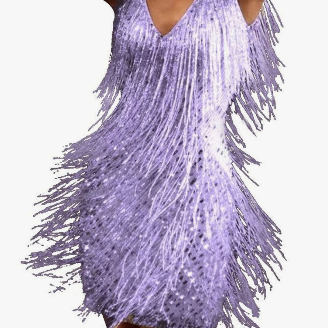 Glitter Pailletten Feestjurk Dames Mini Kwastjes V-hals - Paars