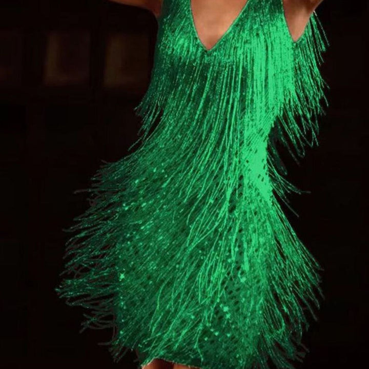 Glitter Pailletten Feestjurk Dames Mini Kwastjes V-hals - Groen