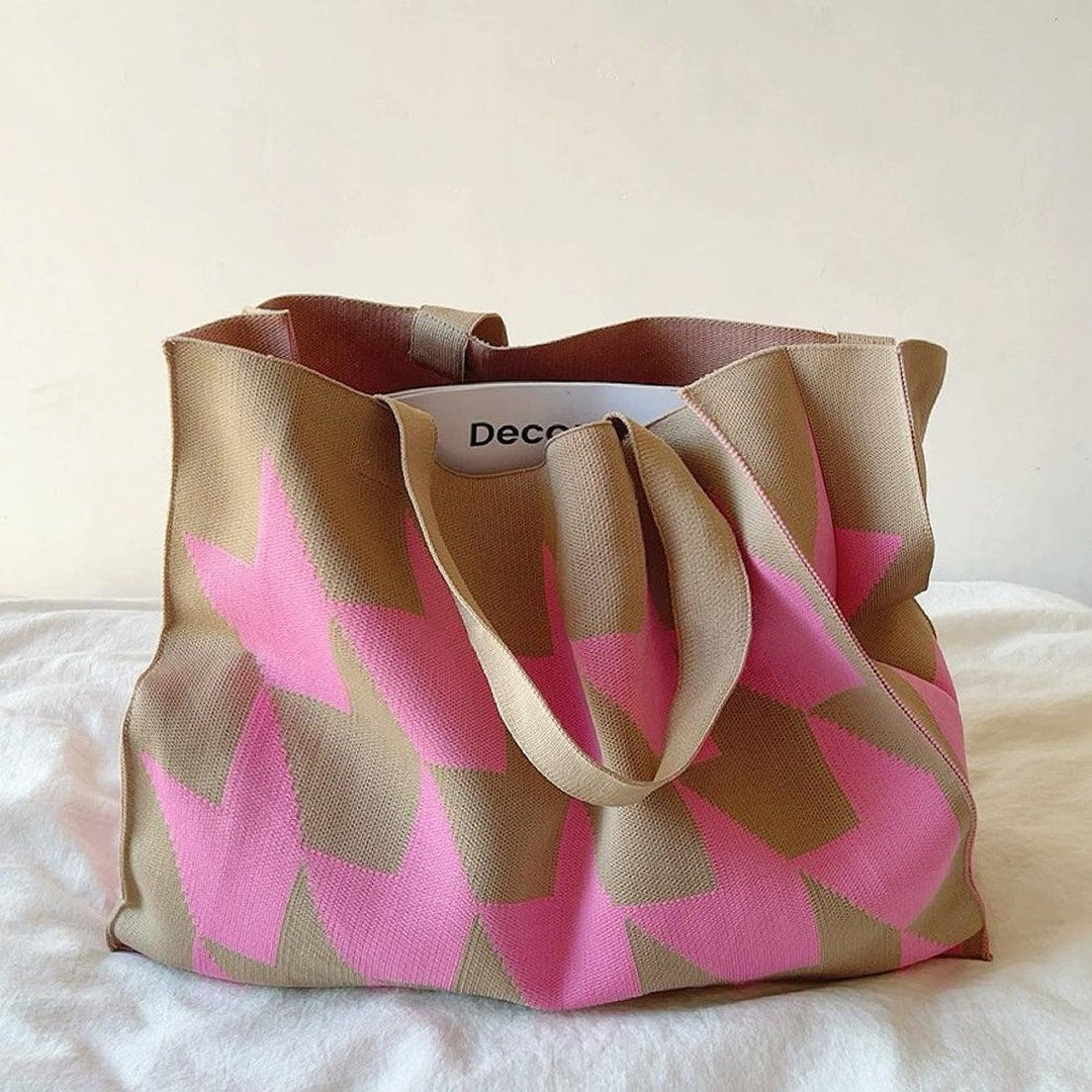 Grafische Canvas Tote Bag Ruime Shopper Beige Roze - Rosa