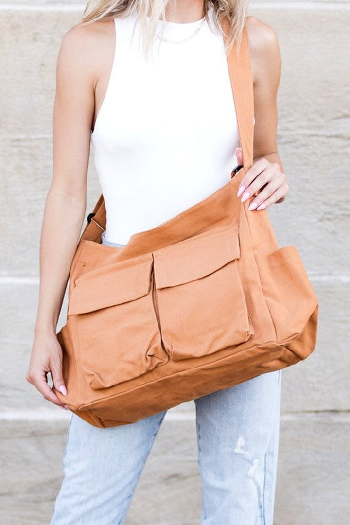 Grote Oversized Zwarte Canvas Tote Bag Dames Schoudertas - Kamel