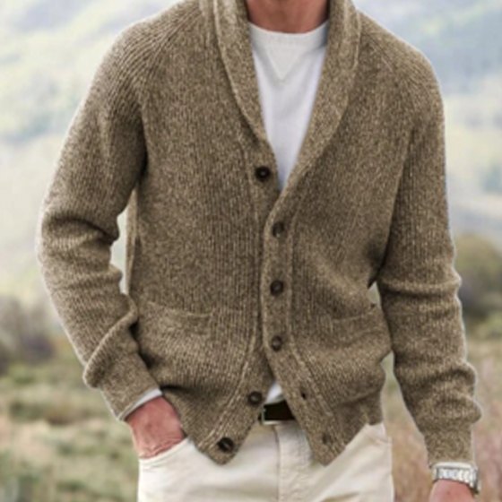 Heren Cardigan Ribstructuur V-hals Knoopsluiting Regular Fit - Kameel
