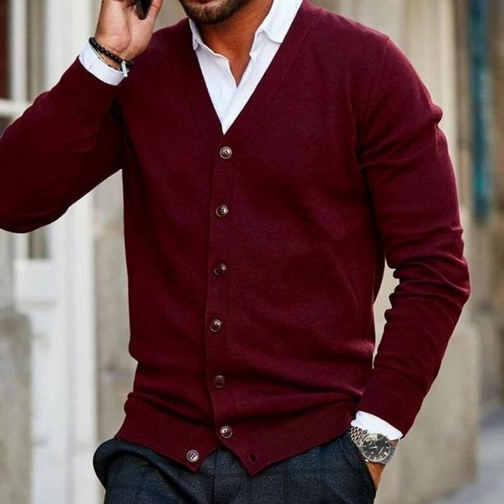 Heren Cardigan V-hals Knoopsluiting Gebreid Vest - Donkerrood