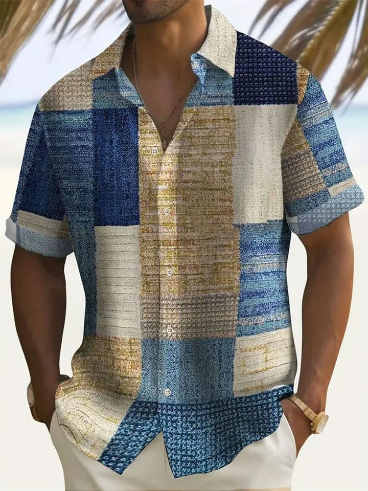 Heren Casual Kleurblok Kortemouw Overhemd met Knoopsluiting - Blauw