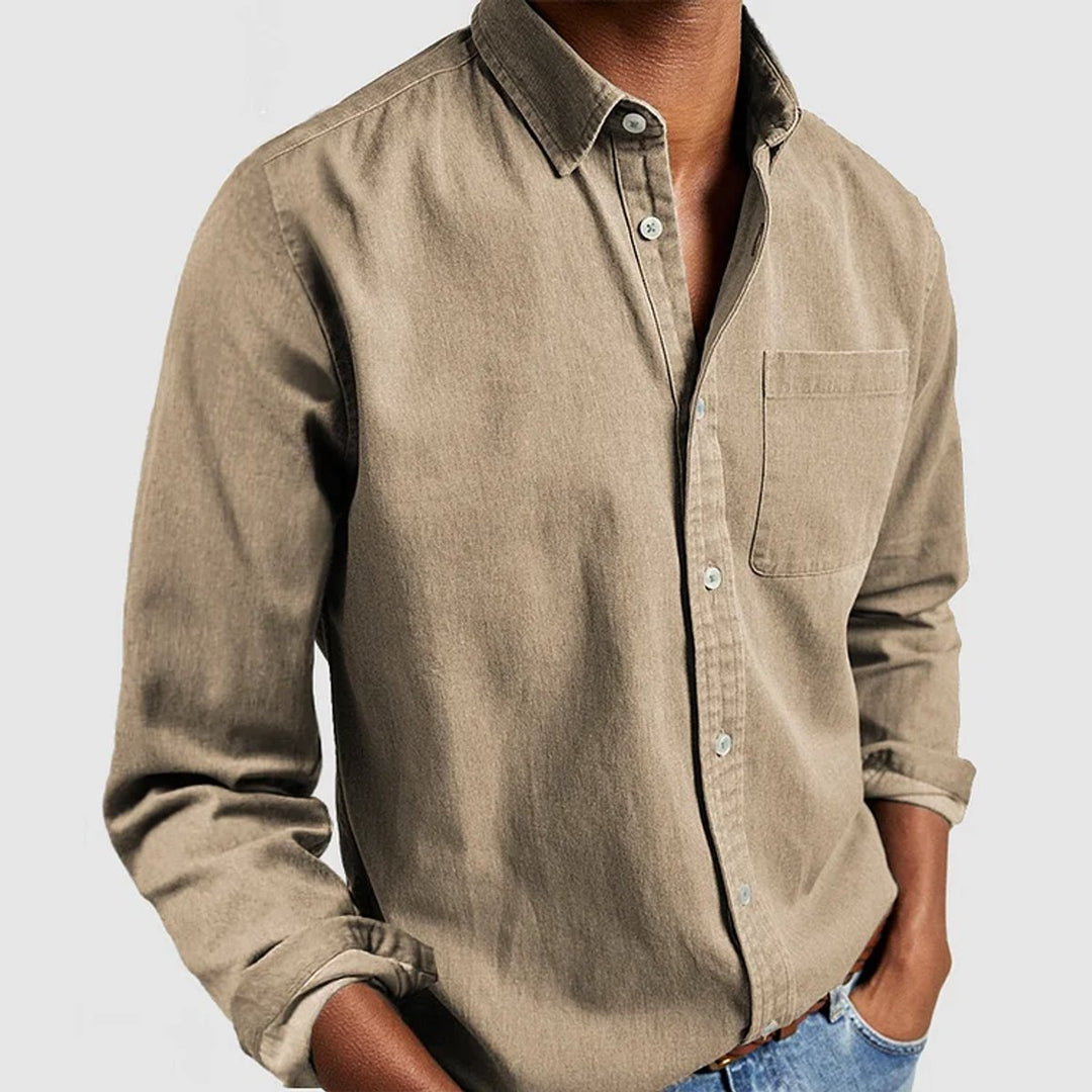 Heren Casual Langarm Overhemd met Borstzak Reverskraag - Khaki