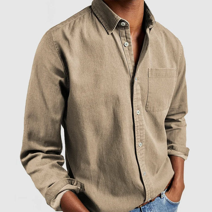 Heren Casual Langarm Overhemd met Borstzak Reverskraag - Khaki