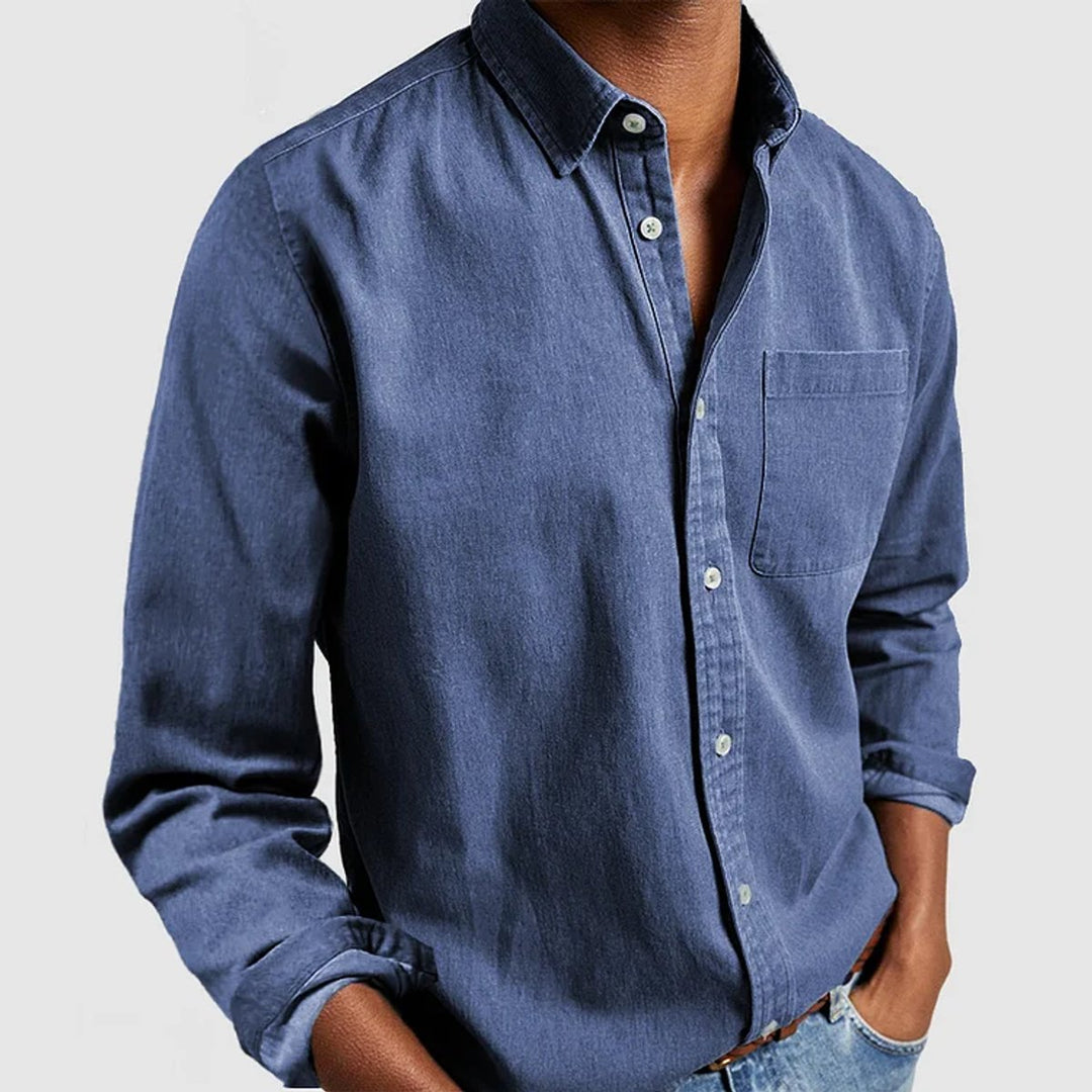 Heren Casual Langarm Overhemd met Borstzak Reverskraag - Blauw
