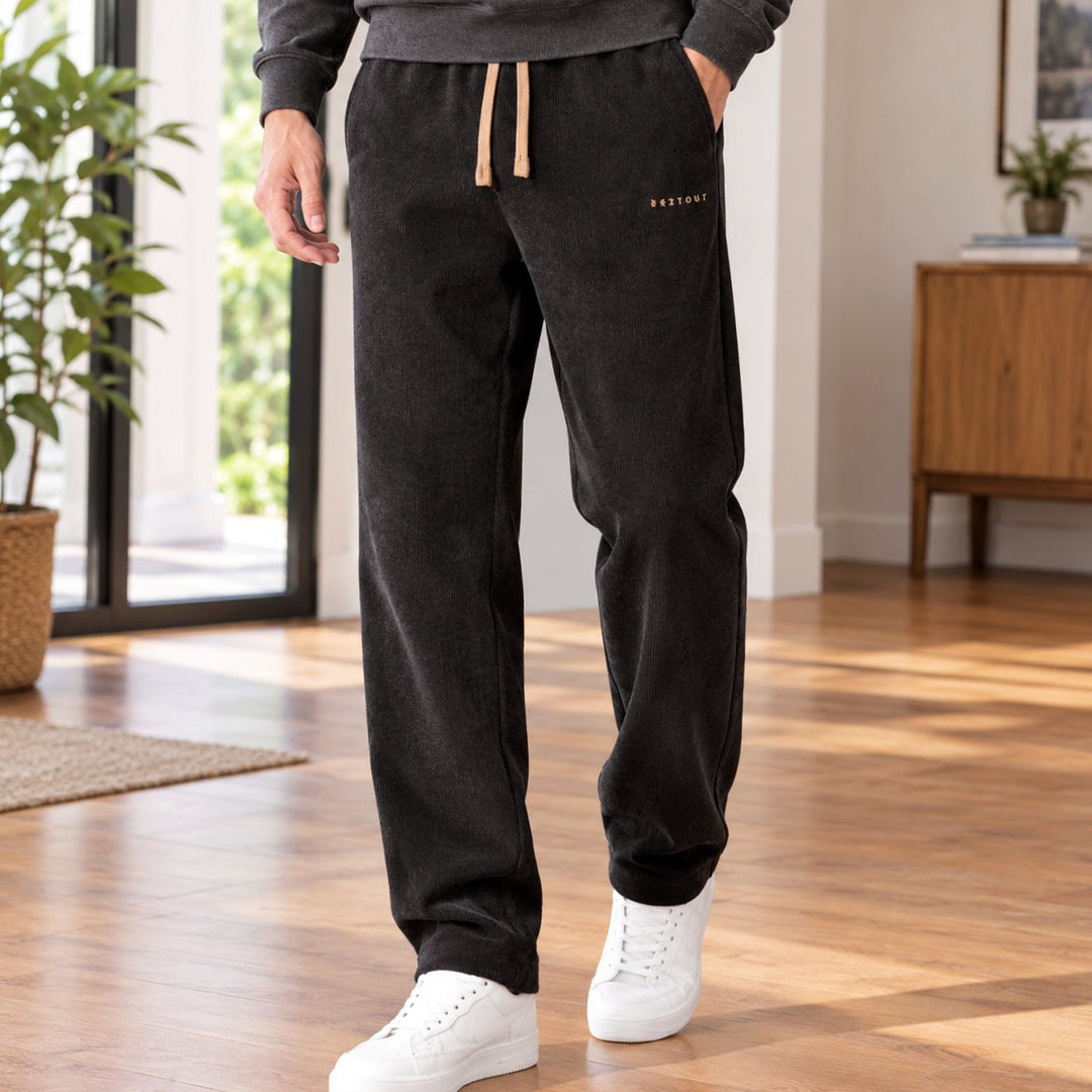 Heren Corduroy Relaxed-Fit Rechte Broek met Elastische Taille - Zwart