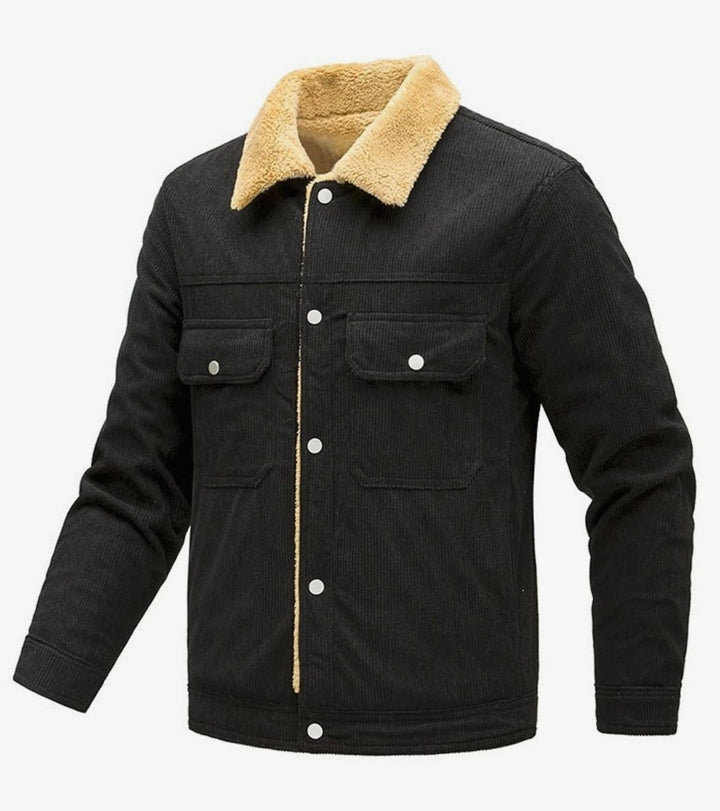 Heren Corduroy Sherpa-gevoerde Regular Fit Knoop Jasje met Zakken - Zwart