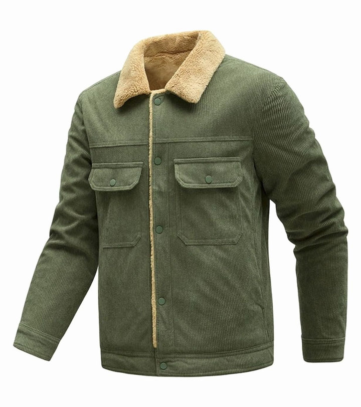 Heren Corduroy Sherpa-gevoerde Regular Fit Knoop Jasje met Zakken - Olijfgroen (Legergroen)
