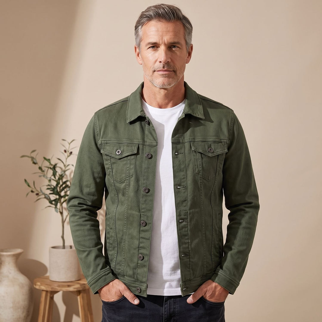 Heren Denim Trucker Jack met Knoopsluiting en Borstzakken - Groen