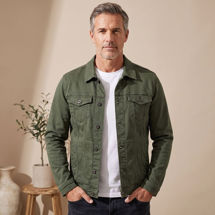 Heren Denim Trucker Jack met Knoopsluiting en Borstzakken - Groen