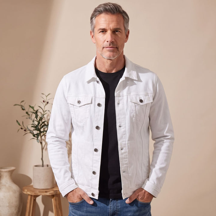 Heren Denim Trucker Jack met Knoopsluiting en Borstzakken - Wit