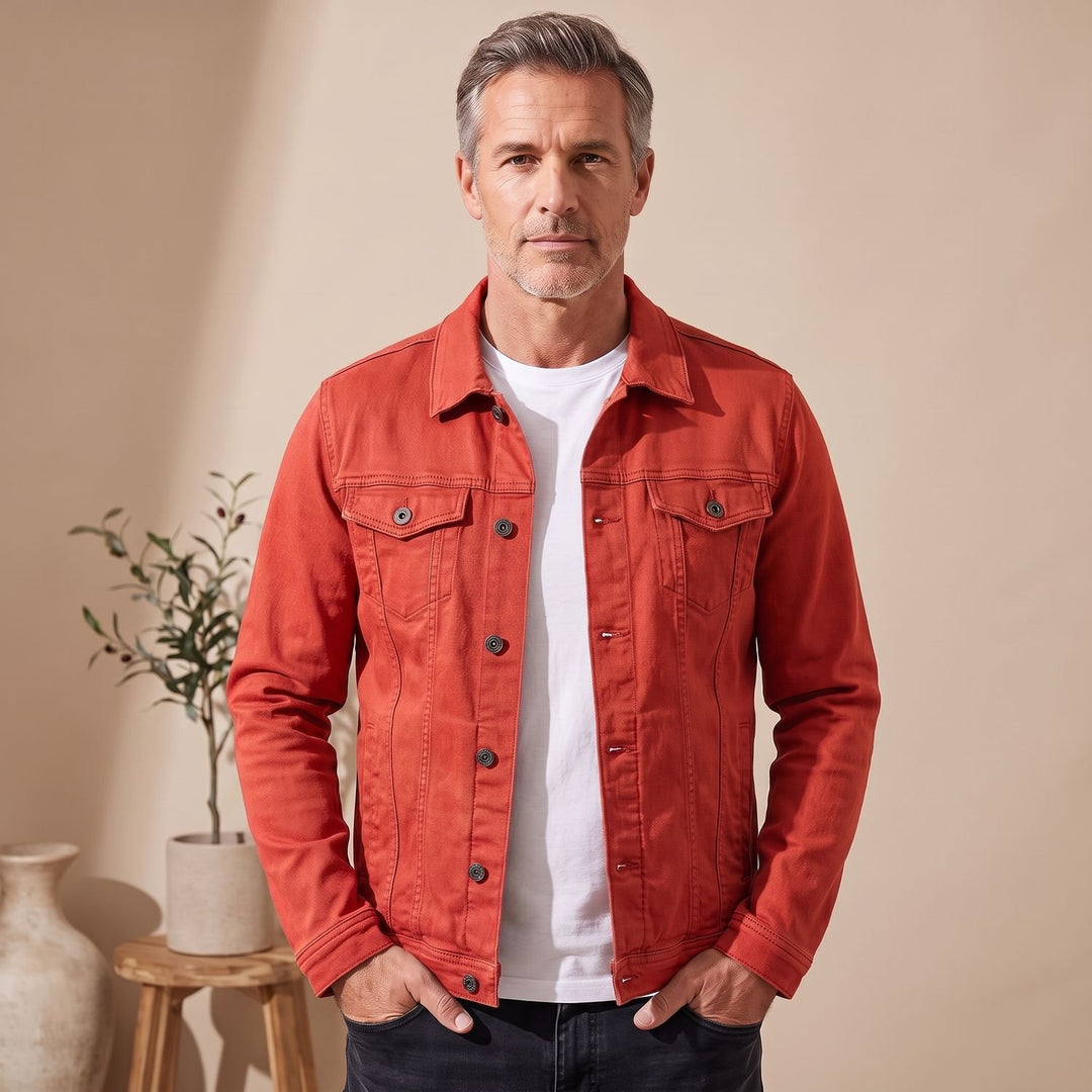 Heren Denim Trucker Jack met Knoopsluiting en Borstzakken - Rood