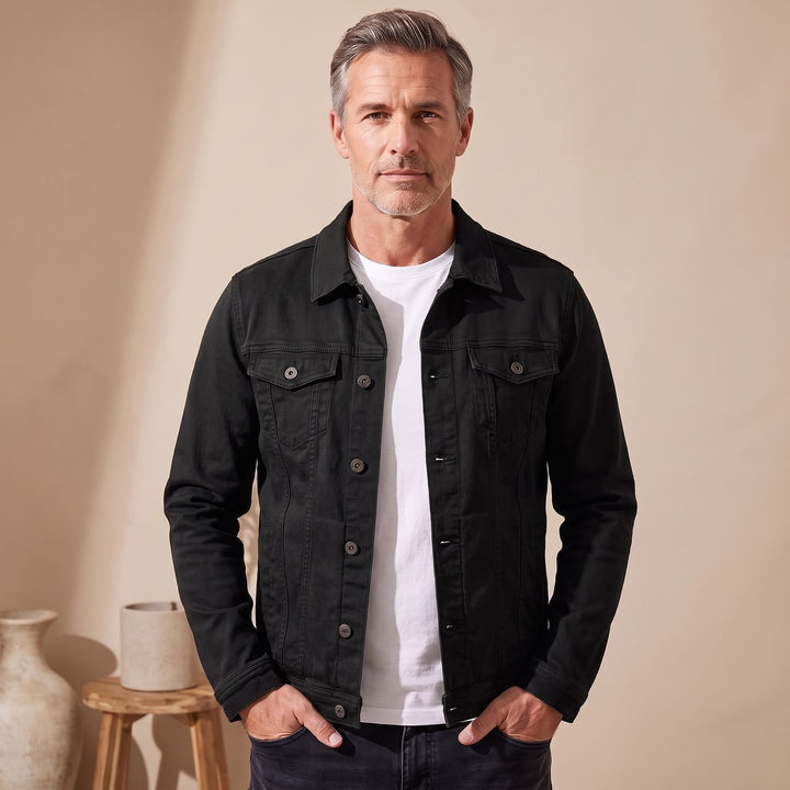 Heren Denim Trucker Jack met Knoopsluiting en Borstzakken - Zwart