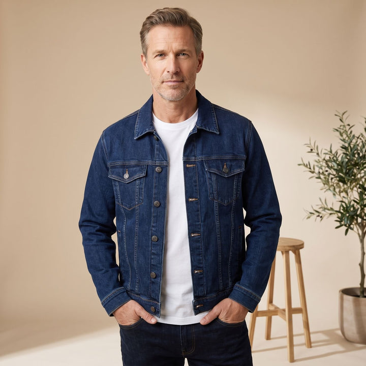 Heren Denim Trucker Jack met Knoopsluiting en Borstzakken - Donkerblauw
