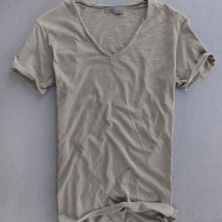 Heren Diepe V-hals Katoenen T-shirt met Korte Mouwen - Grijs