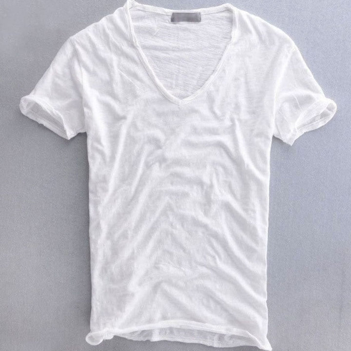 Heren Diepe V-hals Katoenen T-shirt met Korte Mouwen - Wit