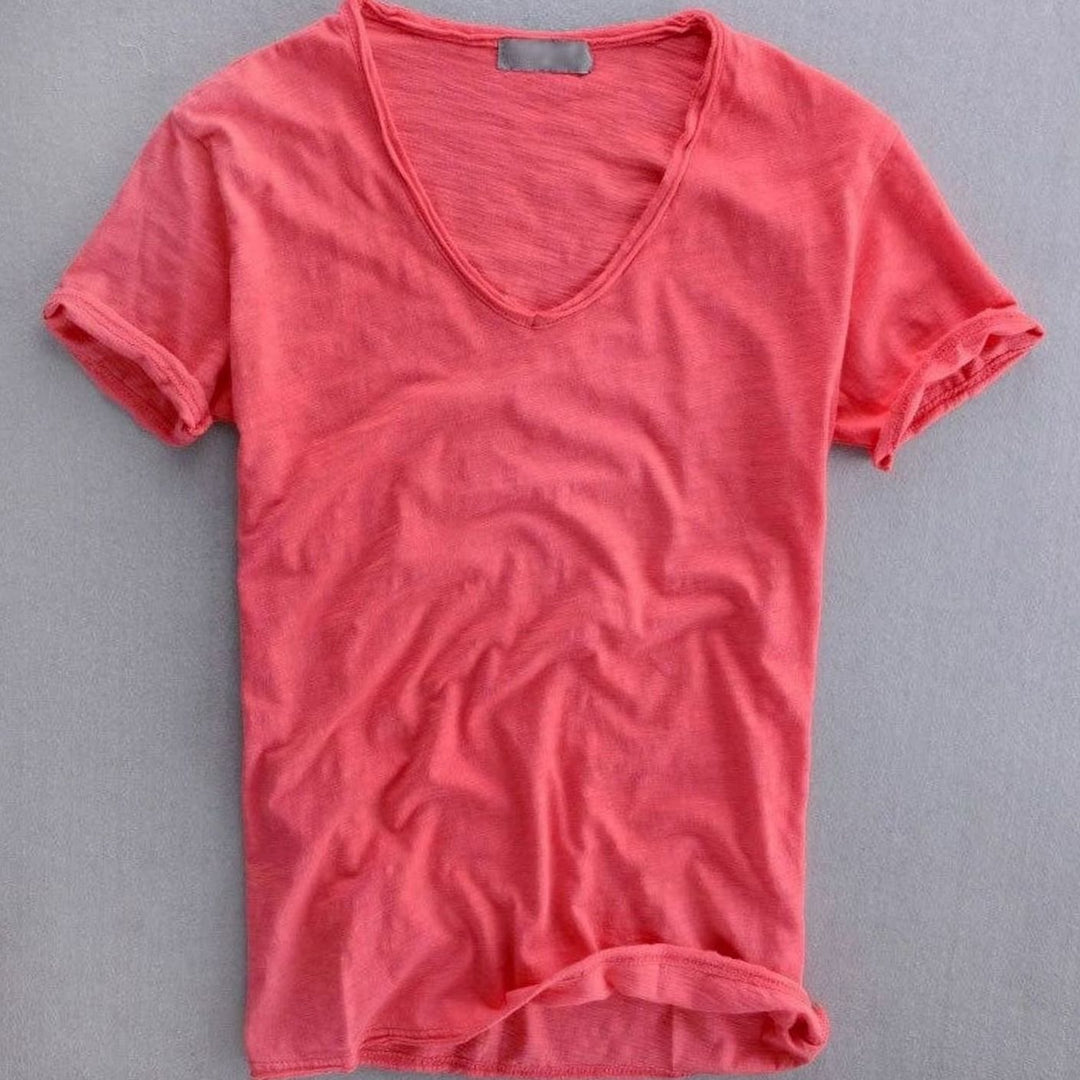 Heren Diepe V-hals Katoenen T-shirt met Korte Mouwen - Rood