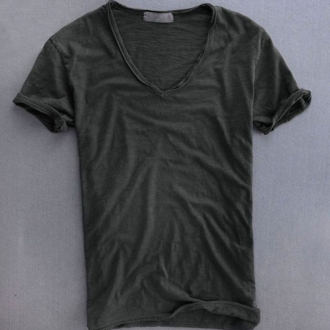 Heren Diepe V-hals Katoenen T-shirt met Korte Mouwen - Zwart