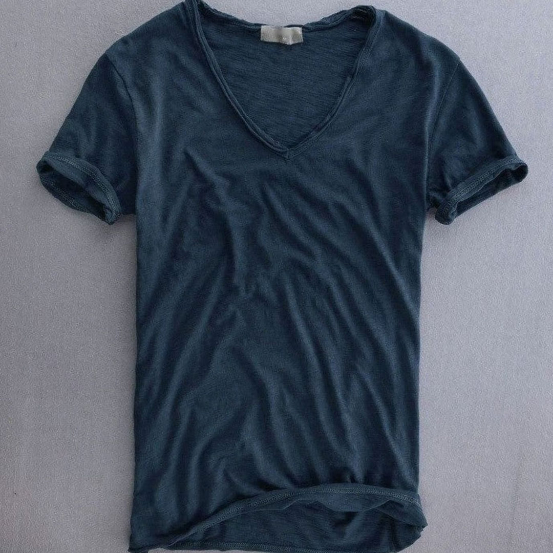 Heren Diepe V-hals Katoenen T-shirt met Korte Mouwen - Blauw