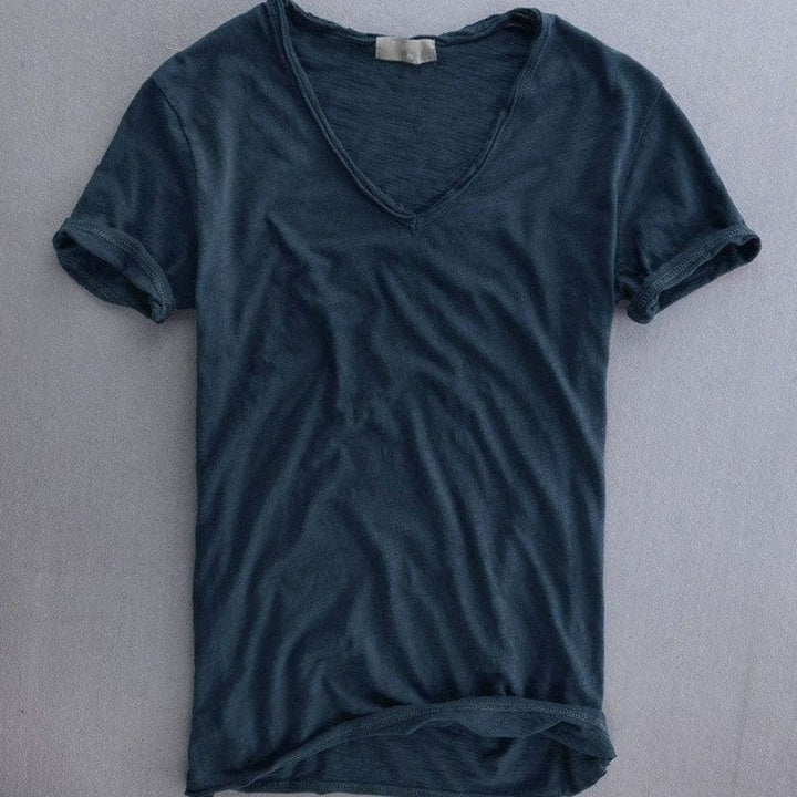 Heren Diepe V-hals Katoenen T-shirt met Korte Mouwen - Blauw