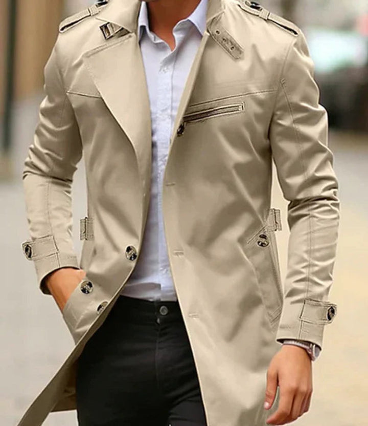 Heren Elegante Wollen Trenchcoat Slim-Fit Schouderklappen - Lichtbeige