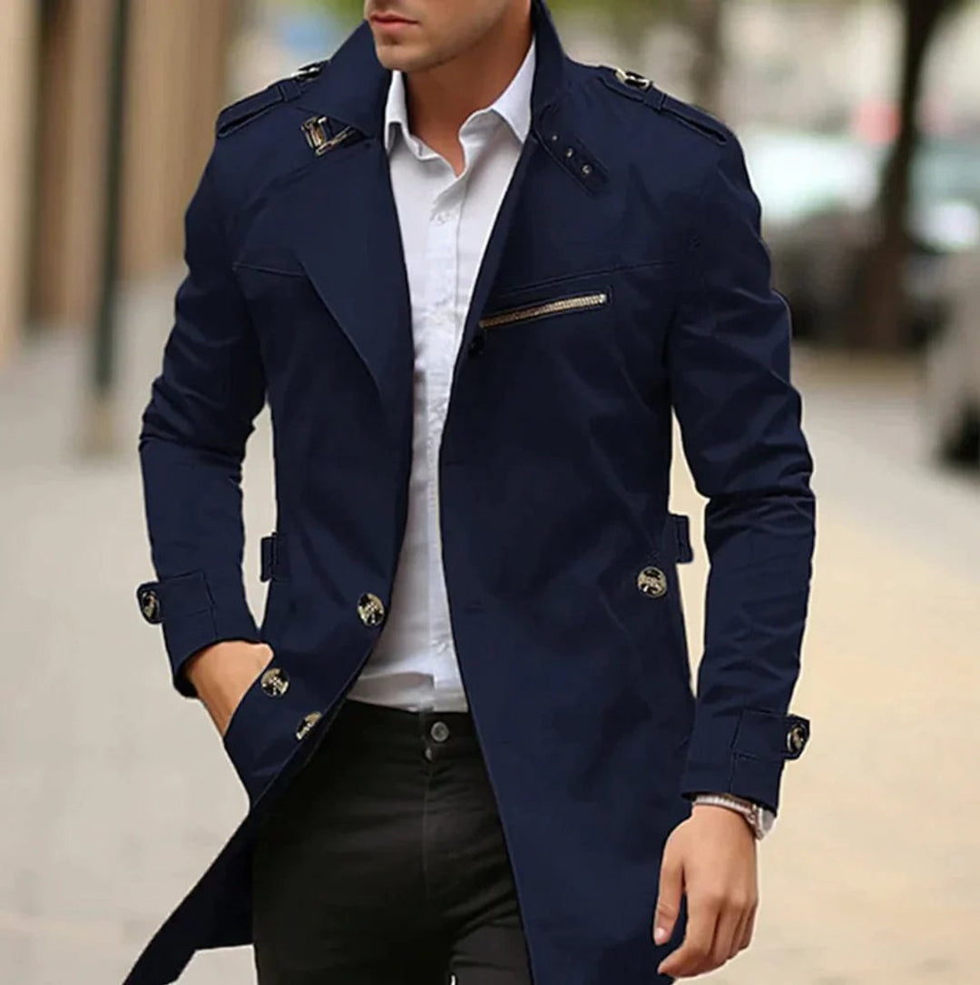 Heren Elegante Wollen Trenchcoat Slim-Fit Schouderklappen - Donkerblauw