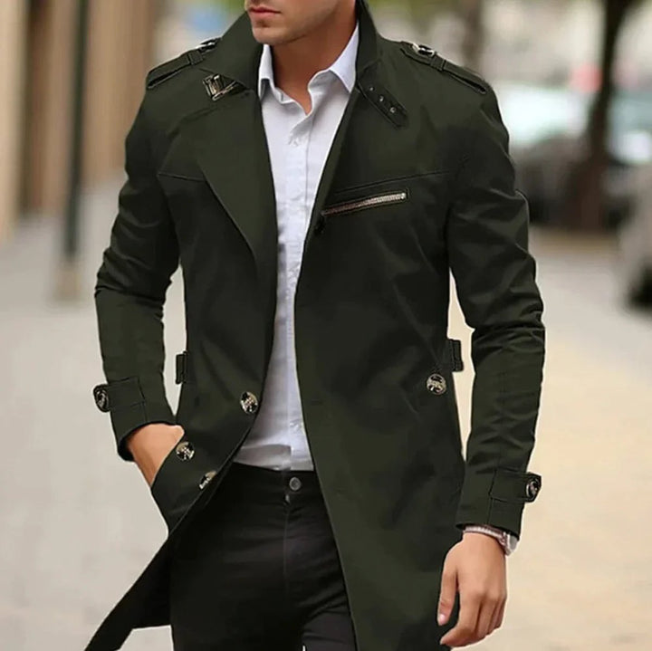 Heren Elegante Wollen Trenchcoat Slim-Fit Schouderklappen - Groen