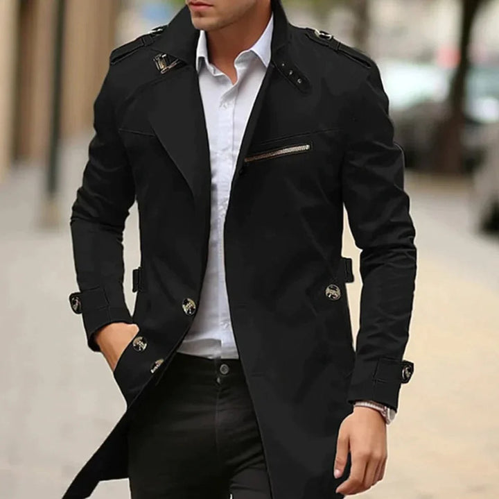 Heren Elegante Wollen Trenchcoat Slim-Fit Schouderklappen - Zwart