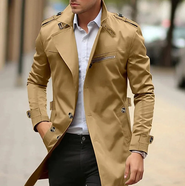 Heren Elegante Wollen Trenchcoat Slim-Fit Schouderklappen - Donkerbeige