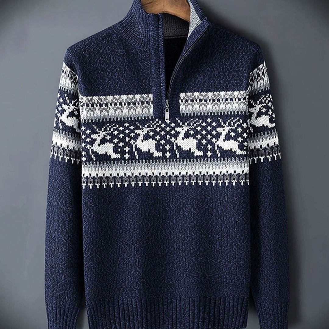 Heren Fair Isle Half-Zip Trui Heren met Staande Kraag - Blauw