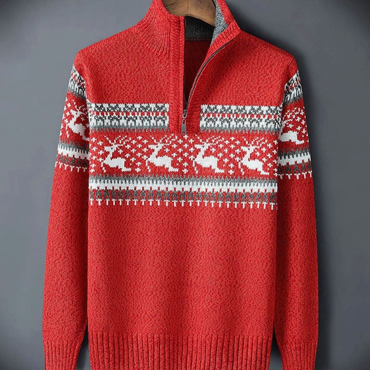 Heren Fair Isle Half-Zip Trui Heren met Staande Kraag - Rood