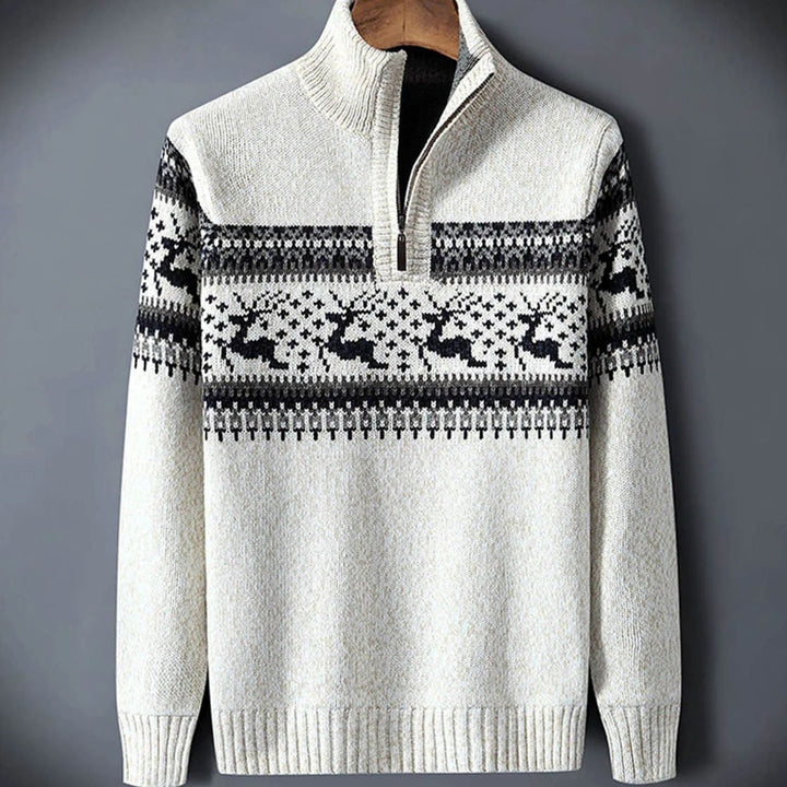Heren Fair Isle Half-Zip Trui Heren met Staande Kraag - Wit