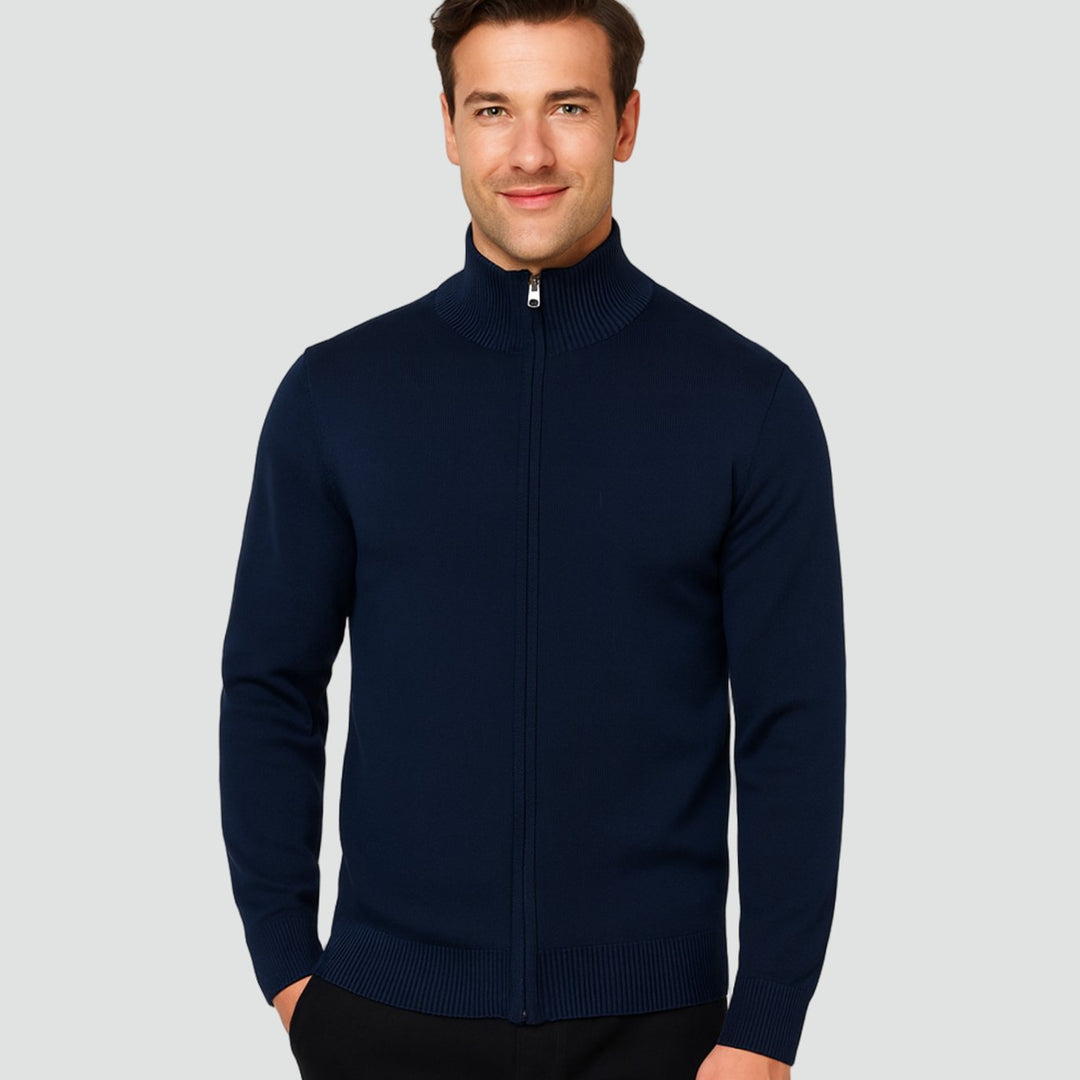 Heren Fijngebreid Vest Volledige Rits Hoge Geribde Kraag - Marineblauw