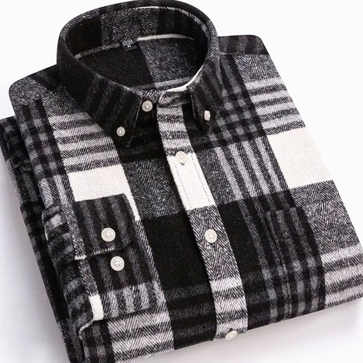 Heren Flanellen Geruit Overhemd met Button-Down Kraag - Zwart