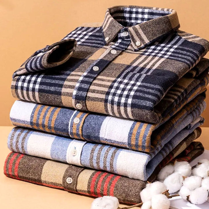 Heren Flanellen Geruit Overhemd met Button-Down Kraag