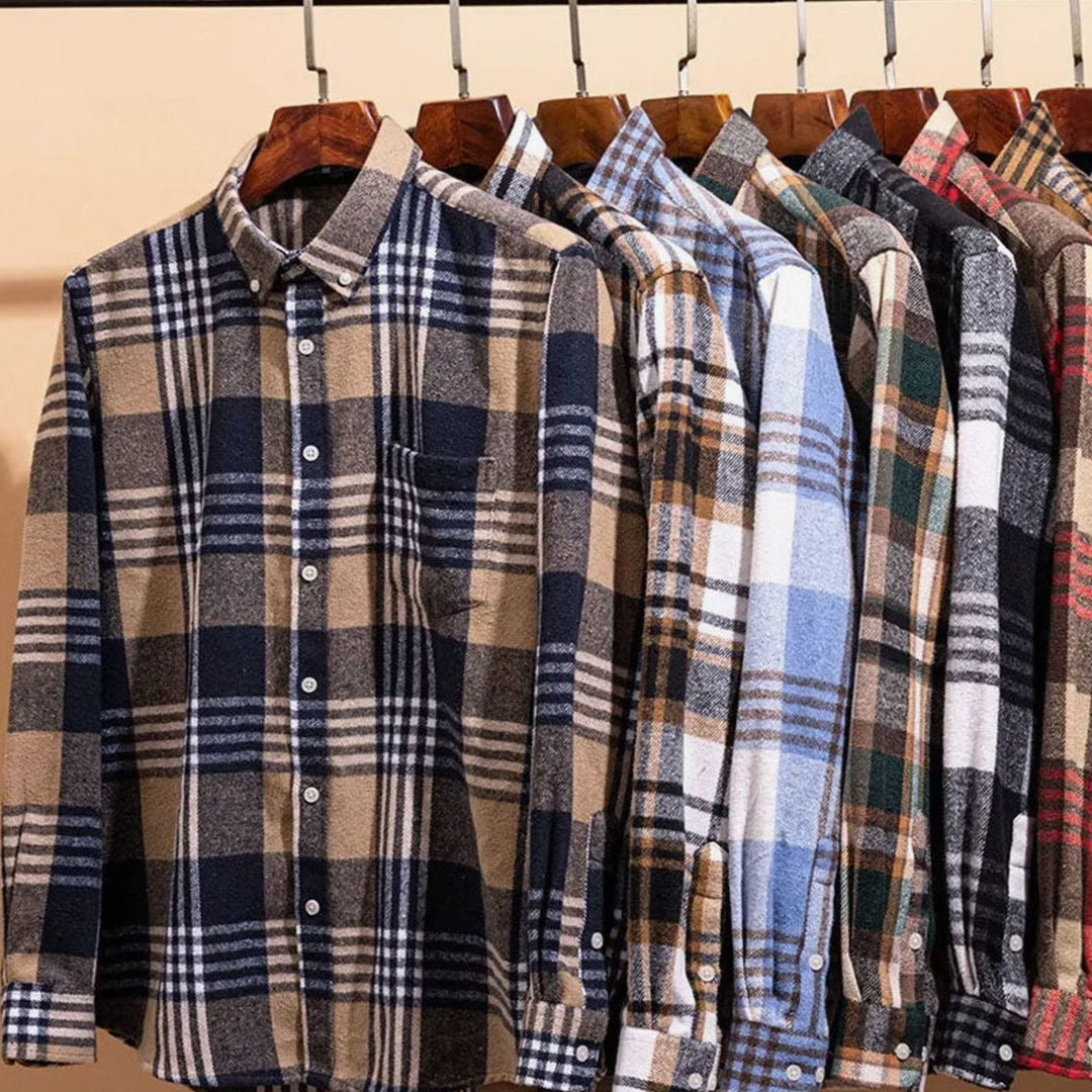 Heren Flanellen Geruit Overhemd met Button-Down Kraag