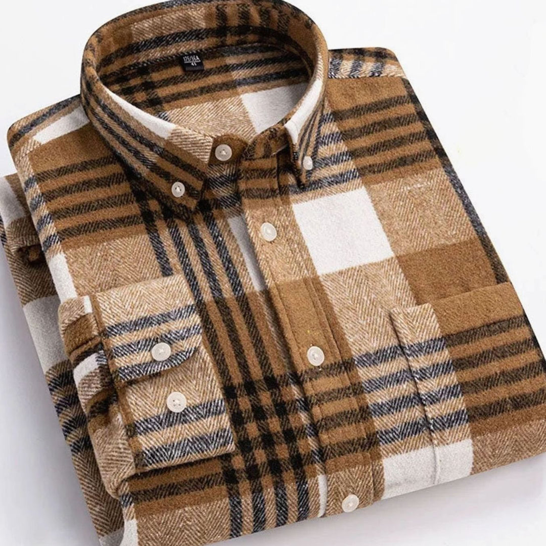 Heren Flanellen Geruit Overhemd met Button-Down Kraag - Khaki