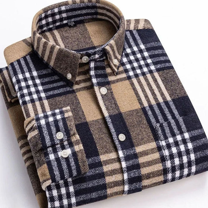 Heren Flanellen Geruit Overhemd met Button-Down Kraag - Bruin