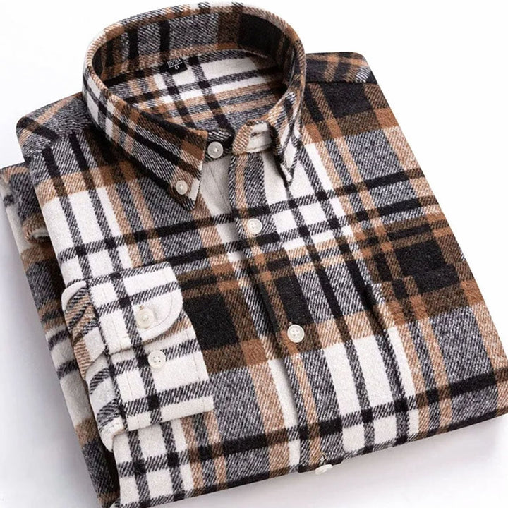 Heren Flanellen Geruit Overhemd met Button-Down Kraag - Wit