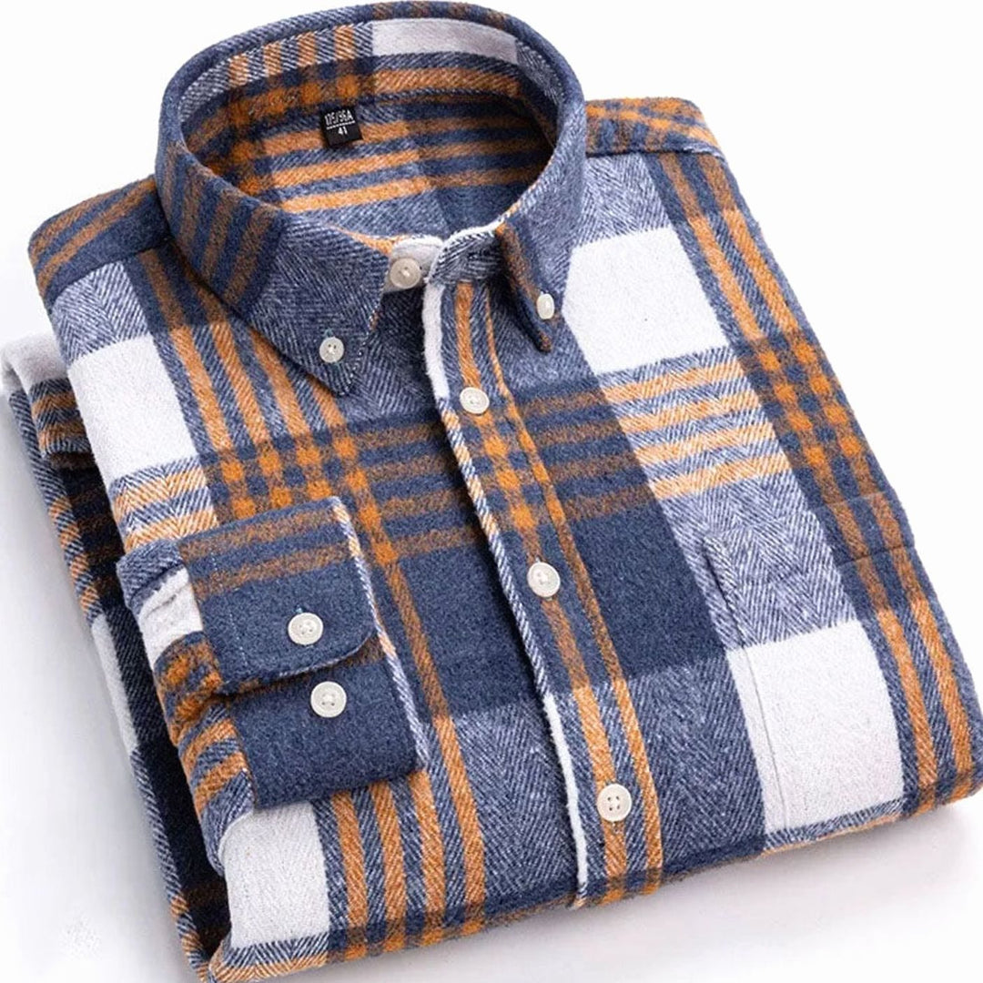 Heren Flanellen Geruit Overhemd met Button-Down Kraag - Blauw
