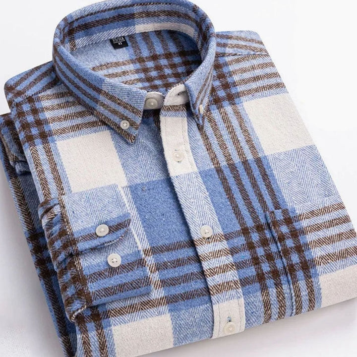 Heren Flanellen Geruit Overhemd met Button-Down Kraag - Lichtblauw