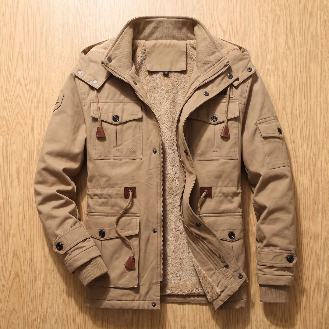 Heren Fleece-Gevoerde Cargo Winterjas met Capuchon - Khaki