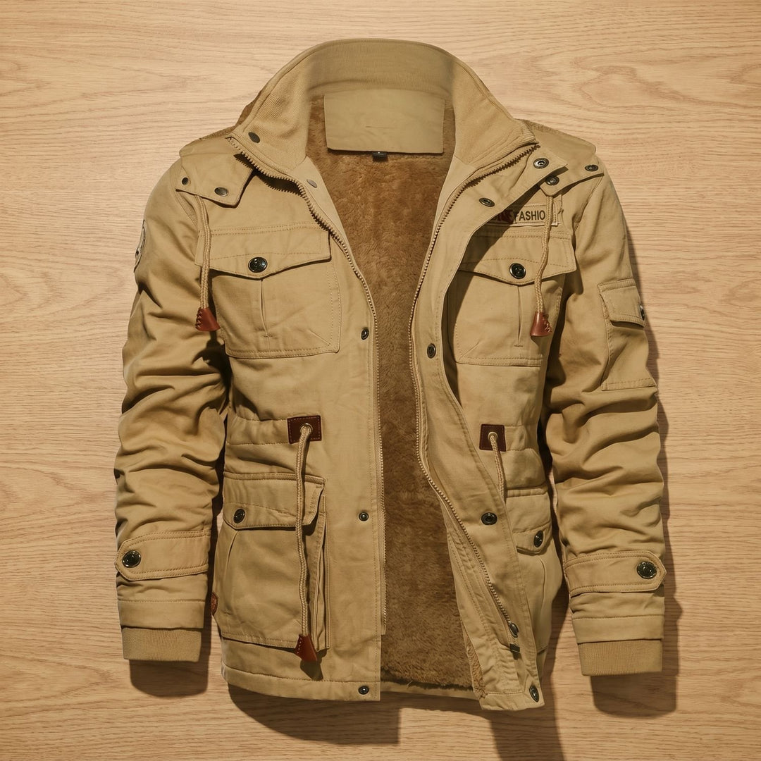 Heren Fleece-Gevoerde Cargo Winterjas met Capuchon, Khaki