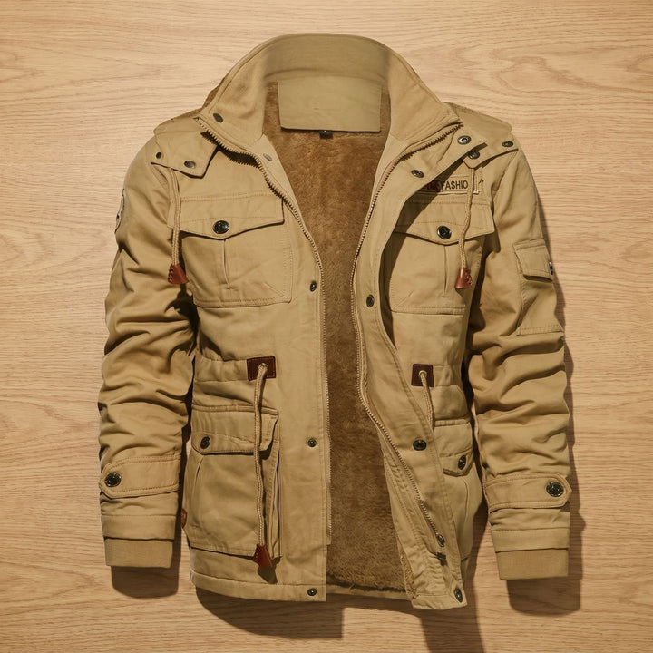 Heren Fleece-Gevoerde Cargo Winterjas met Capuchon, Khaki