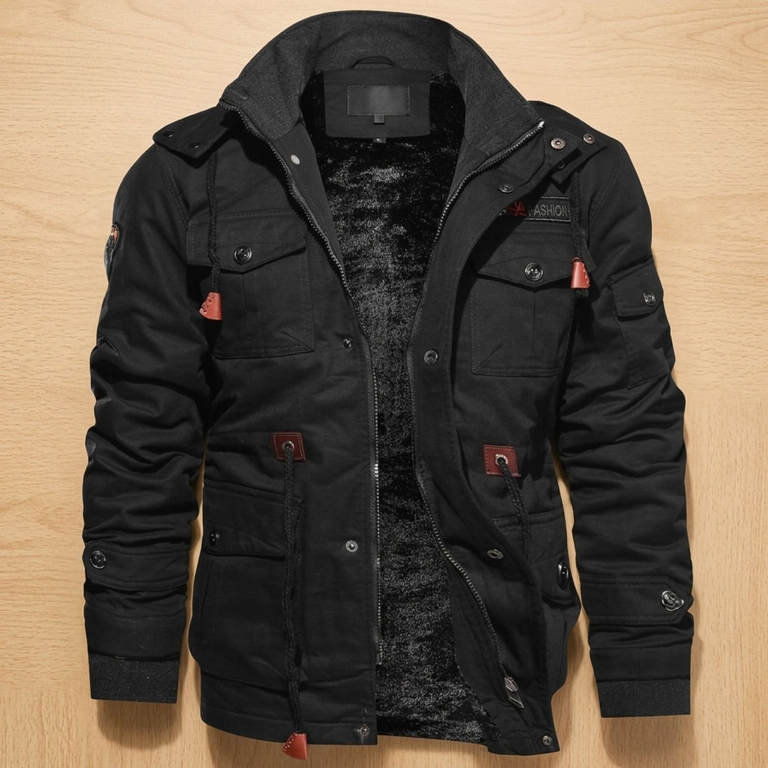 Heren Fleece-Gevoerde Cargo Winterjas met Capuchon, Khaki - Zwart