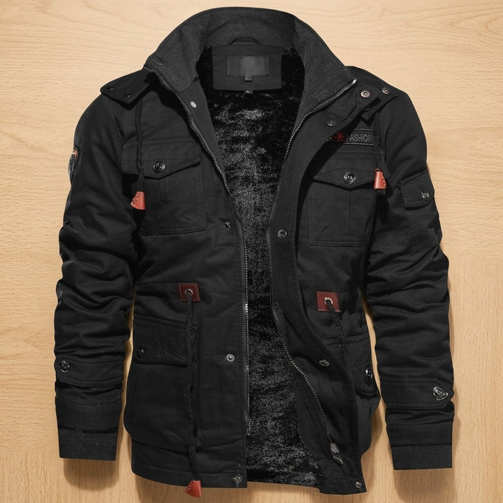 Heren Fleece-Gevoerde Cargo Winterjas met Capuchon, Khaki - Zwart