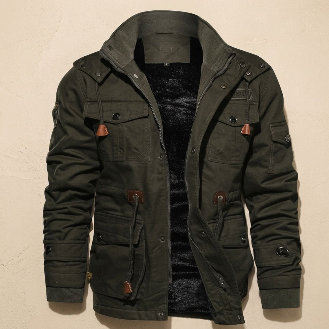 Heren Fleece-Gevoerde Cargo Winterjas met Capuchon, Khaki - Legergroen