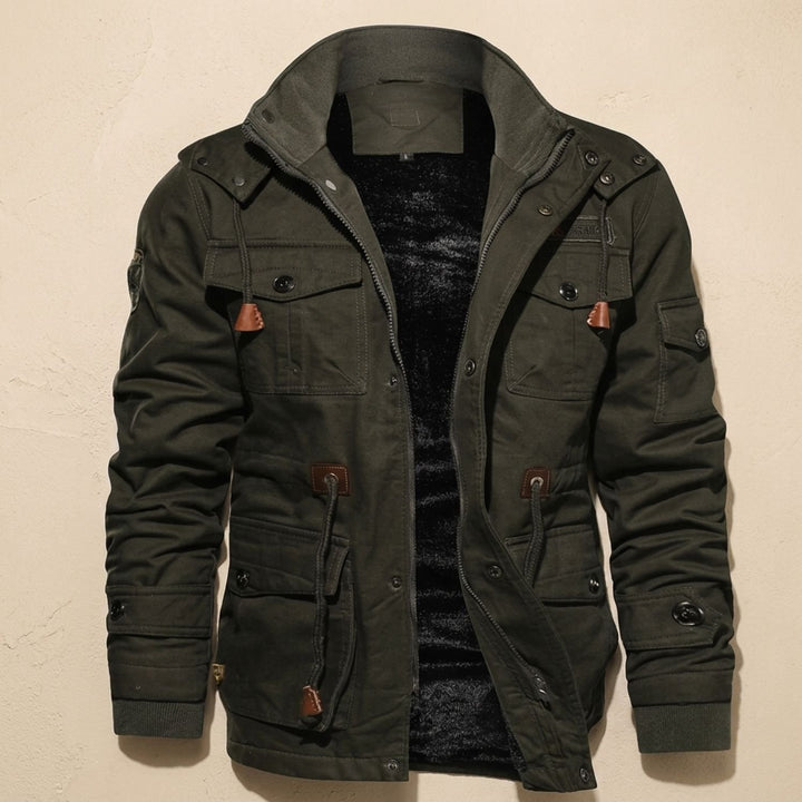 Heren Fleece-Gevoerde Cargo Winterjas met Capuchon, Khaki - Legergroen